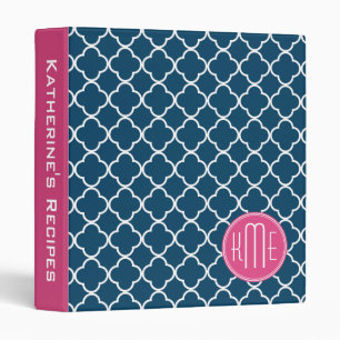 Elegant Navy Blue Quatrefoil with Pink Monogram Binder