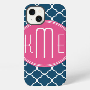Elegant Navy Blue Quatrefoil with Pink Monogram iPhone 13 Case