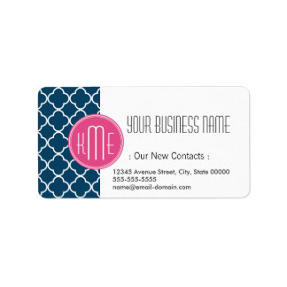 Elegant Navy Blue Quatrefoil with Pink Monogram Label