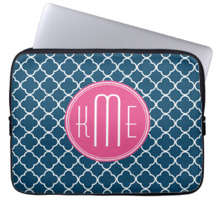 Elegant Navy Blue Quatrefoil with Pink Monogram Laptop Sleeve