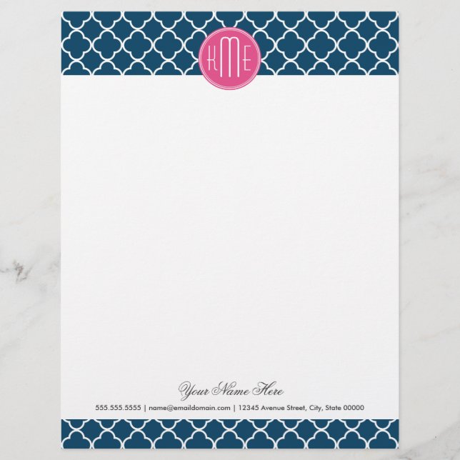 Elegant Navy Blue Quatrefoil with Pink Monogram Letterhead (Front)