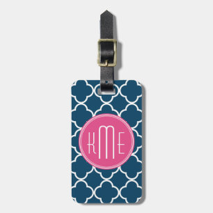 Elegant Navy Blue Quatrefoil with Pink Monogram Luggage Tag