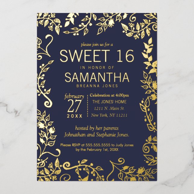 Elegant Navy Blue Real Gold Floral Sweet 16 (Front)