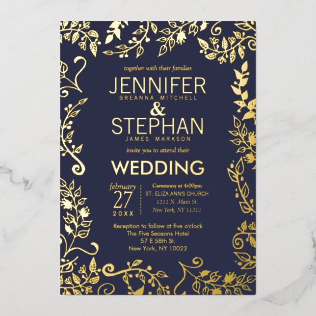 Elegant Navy Blue Real Gold Floral Wedding (Front)