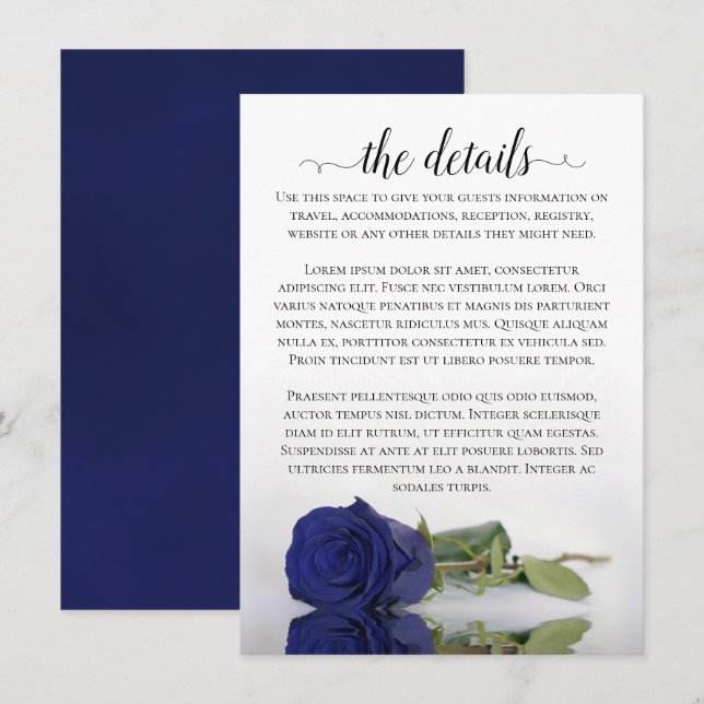 Elegant Navy Blue Reflecting Rose Wedding Details Enclosure Card (Front/Back)