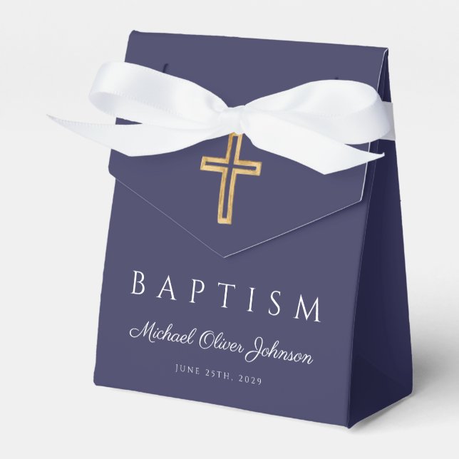 Elegant Navy Blue Religious Cross Boy Baptism  Favor Box (Front Side)