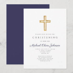 Elegant Navy Blue Religious Cross Boy Christening Invitation