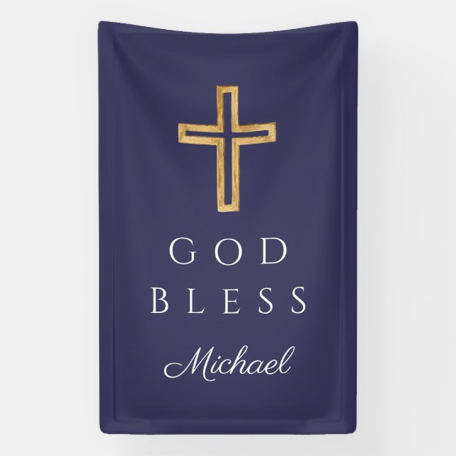 Elegant Navy Blue Religious Cross Boy God Bless Banner (Vertical)