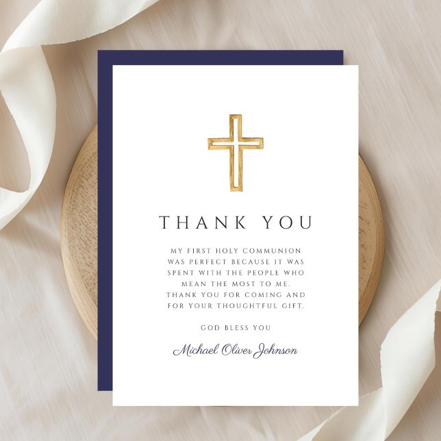 Elegant Navy Blue Religious Cross First Communion Thank You Card (Elegant Navy Blue Religious Cross First Communion Thank You Card)