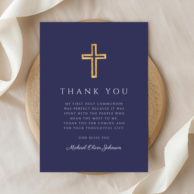 Elegant Navy Blue Religious Cross First Communion Thank You Card (Elegant Navy Blue Religious Cross First Communion Thank You Card)