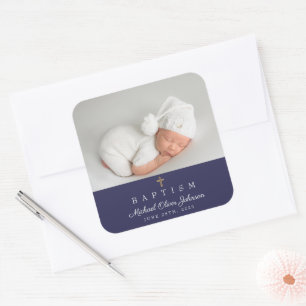 Elegant Navy Blue Religious Cross Photo Baptism Square Sticker