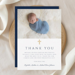 Elegant Navy Blue Religious Cross Photo Thank You Card