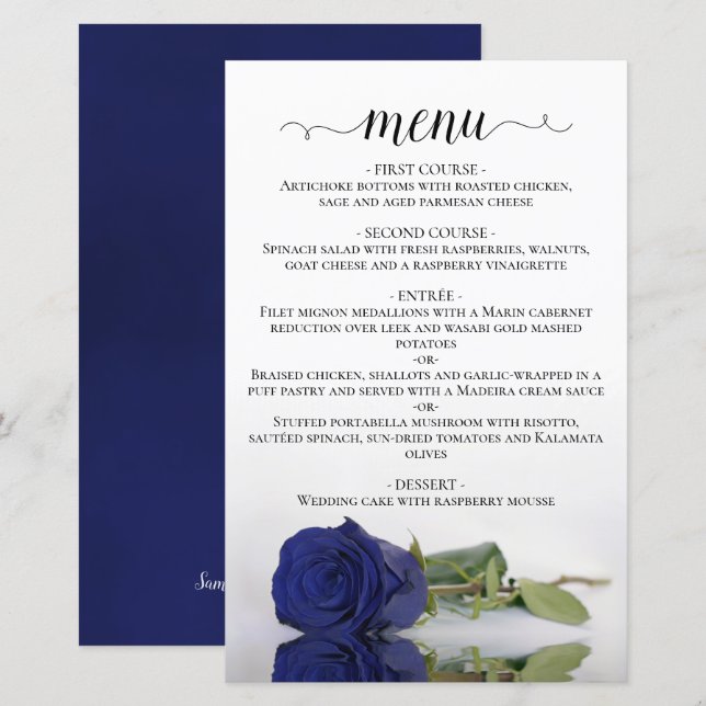 Elegant Navy Blue Rose Budget Wedding Menu (Front/Back)