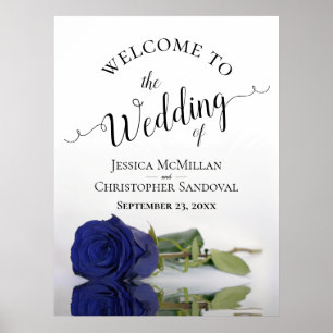 Elegant Navy Blue Rose Calligraphy Wedding Welcome Poster