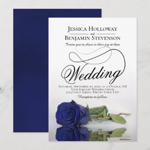 Elegant Navy Blue Rose Classy Script Wedding Invitation