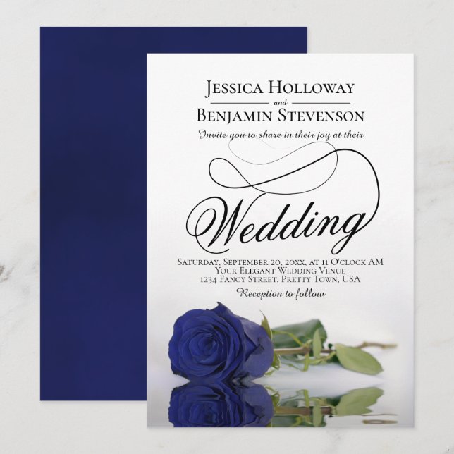 Elegant Navy Blue Rose Classy Script Wedding Invitation (Front/Back)