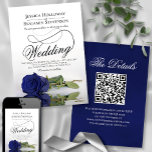 Elegant Navy Blue Rose Fancy QR Code Wedding Invitation<br><div class="desc">This beautiful wedding invitation features a gorgeous photograph of a single long stemmed navy blue coloured rose lying on its side reflecting in a pool of water with waves and ripples. The design features a fancy calligraphy script with a long curly tail making it both modern and classic. Elegant, sophisticated...</div>