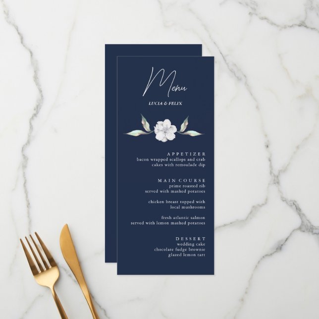 Elegant Navy BLue Rose Floral Wedding Menu Cards (Front/Back In Situ)