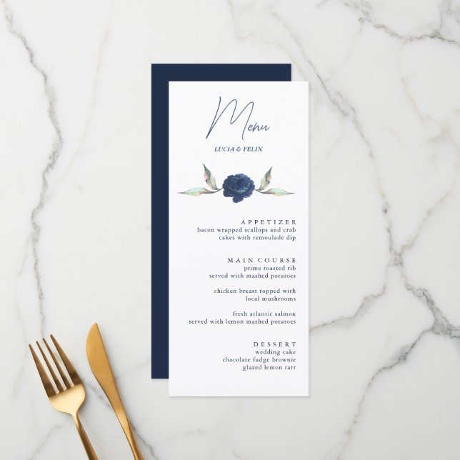 Elegant Navy BLue Rose Floral Wedding Menu Cards (Front/Back In Situ)