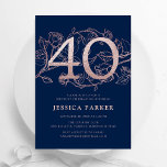 Elegant Navy Blue Rose Gold 40th Birthday Invitation<br><div class="desc">Elegant navy blue rose gold 40th birthday party invitation. Customizable modern feminine design featuring roses botanical accents and faux glitter rose gold. Simple floral invite card perfect for a stylish female bday celebration. Personalize with your own details. Printed Zazzle invitations or instant download digital printable template.</div>