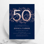 Elegant Navy Blue Rose Gold 50th Birthday Invitation<br><div class="desc">Elegant navy blue rose gold 50th birthday party invitation. Customizable modern feminine design featuring roses botanical accents and faux glitter rose gold. Simple floral invite card perfect for a stylish female bday celebration. Personalize with your own details. Printed Zazzle invitations or instant download digital printable template.</div>