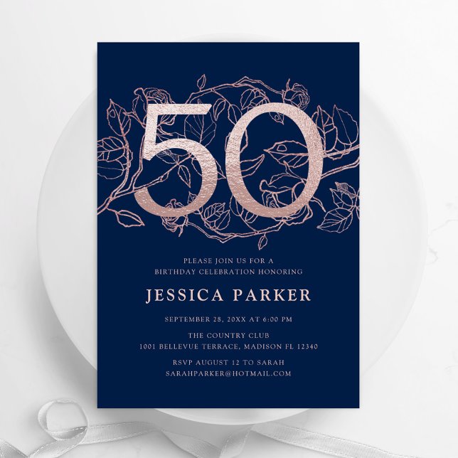 Elegant Navy Blue Rose Gold 50th Birthday Invitation (Creator Uploaded)