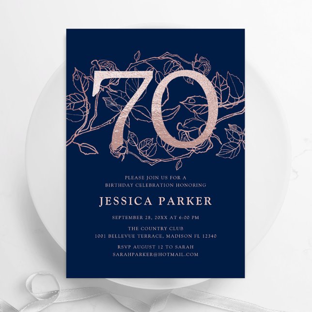 Elegant Navy Blue Rose Gold 70th Birthday Invitation (Creator Uploaded)