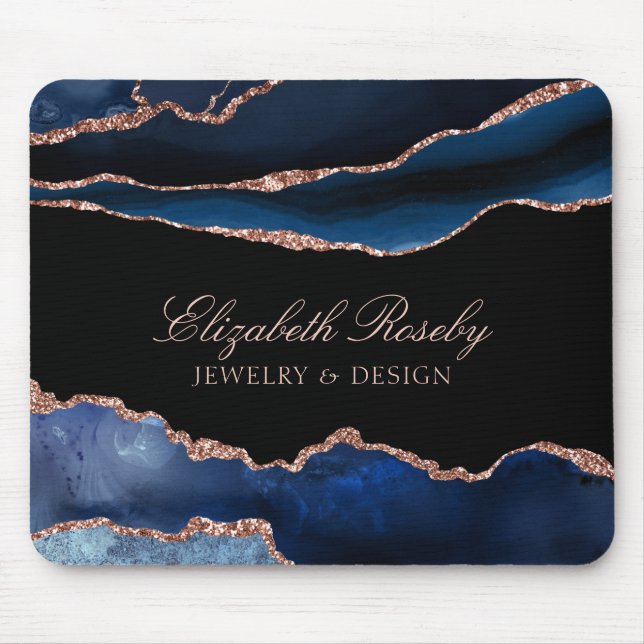 Elegant Navy Blue Rose Gold Agate Black Business Mouse Pad (Front)