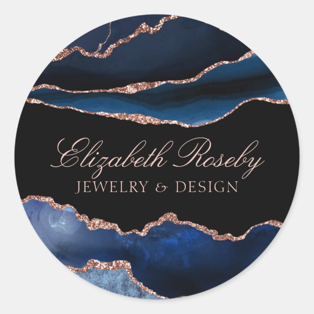 Elegant Navy Blue Rose Gold Agate Geode Business Classic Round Sticker (Front)