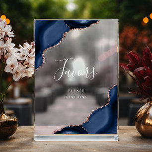 Elegant Navy Blue Rose Gold Agate Wedding Favors Acrylic Sign