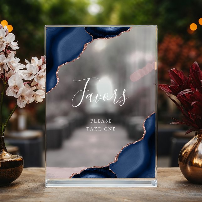 Elegant Navy Blue Rose Gold Agate Wedding Favours Acrylic Sign (Creator Uploaded)