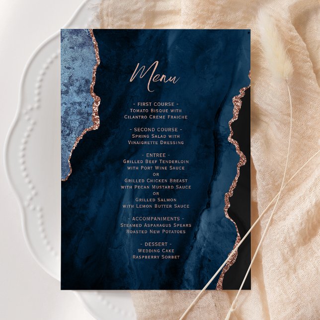 Elegant Navy Blue Rose Gold Agate Wedding Menu (Créateur téléchargé)