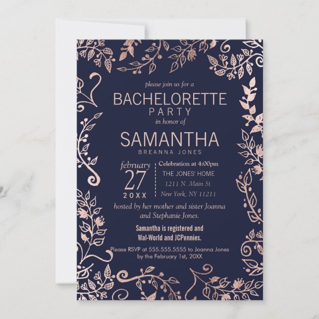Elegant Navy Blue Rose Gold Floral Bachelorette Invitation (Front)