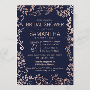 Elegant Navy Blue Rose Gold Floral Bridal Shower Invitation
