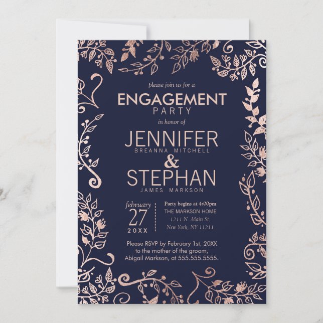 Elegant Navy Blue Rose Gold Floral Engagement Invitation (Front)