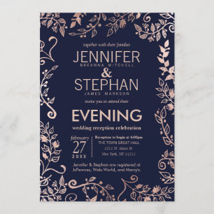 Elegant Navy Blue Rose Gold Floral Reception Invitation