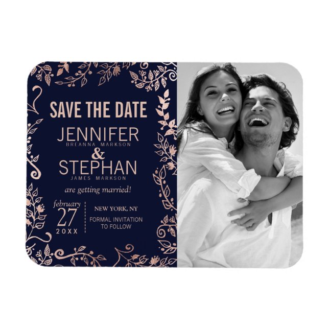 Elegant Navy Blue Rose Gold Floral Save the Dates Magnet (Horizontal)