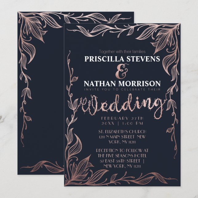 Elegant Navy Blue Rose Gold Floral Vine Wedding Invitation (Front/Back)