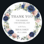 Elegant Navy Blue Rose Gold Floral Wedding Favor Classic Round Sticker<br><div class="desc">These elegant floral wedding round sticker labels feature watercolor navy blue,  blush pink floral and green foliage arrangements.  Personalize it with your details easily and quickly,  simply press the customise it button to further re-arrange and format the style and placement of the text. (c) The Happy Cat Studio</div>