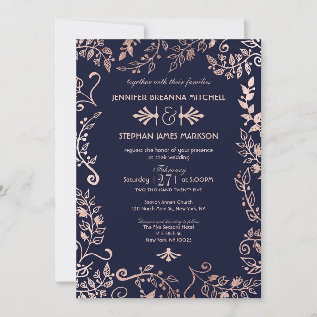 Elegant Navy Blue Rose Gold Floral Wedding Invites (Front)