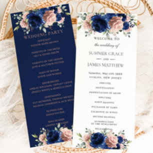 Elegant Navy Blue Rose Gold Floral Wedding Program