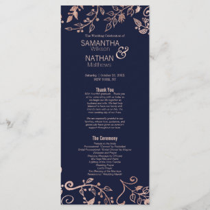 Elegant Navy Blue Rose Gold Floral Wedding Program