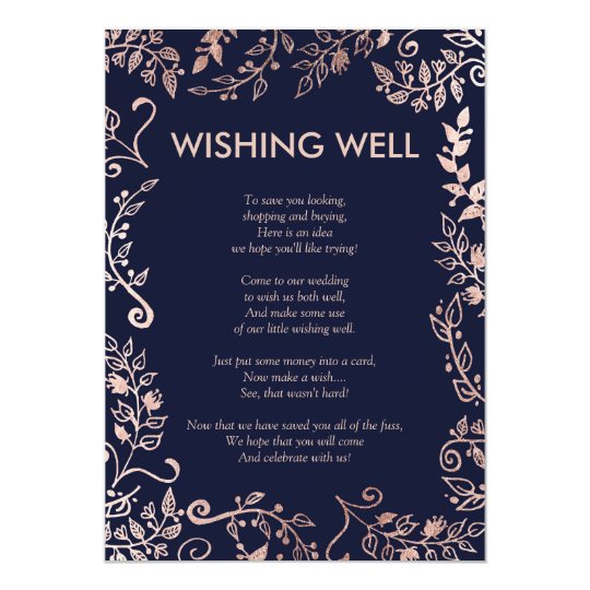 Elegant Navy Blue Rose Gold Floral Wishing Well Card