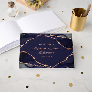 Elegant Navy Blue Rose Gold Foil Agate Wedding Guest Book