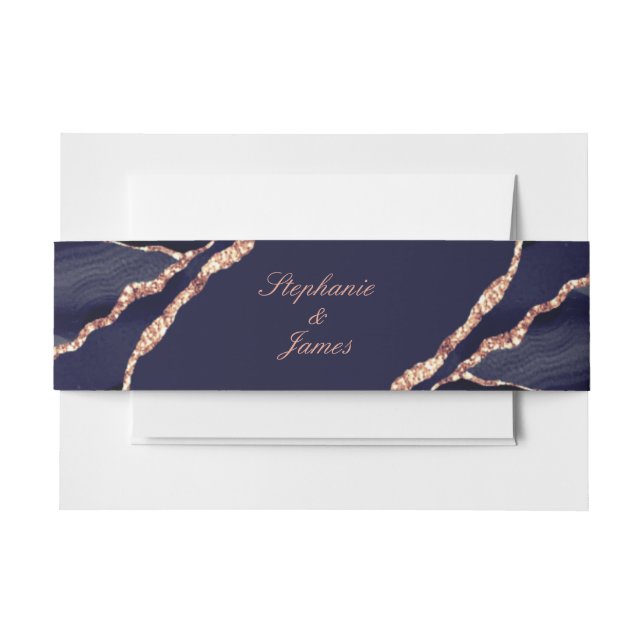 Elegant Navy Blue Rose Gold Foil Agate Wedding Invitation Belly Band (Front Example)