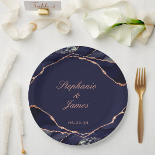 Elegant Navy Blue Rose Gold Foil Agate Wedding Paper Plate