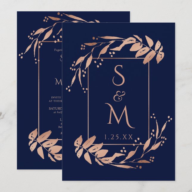 Elegant Navy Blue Rose Gold Foliage Wedding Invitation (Front/Back)