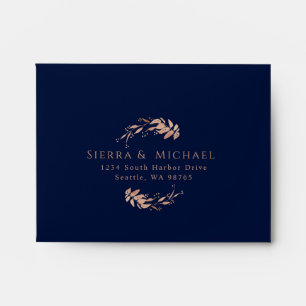 Elegant Navy Blue Rose Gold Foliage Wedding RSVP Envelope