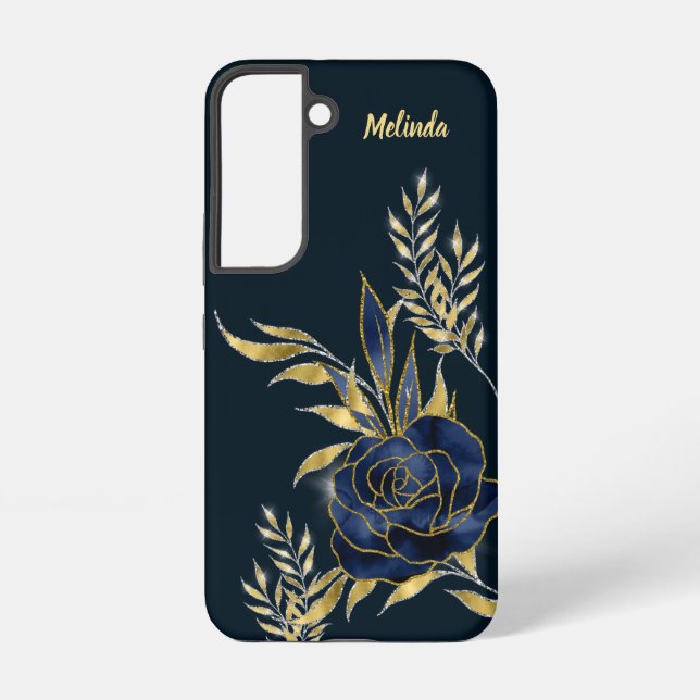 Elegant Navy Blue Rose Gold Leaves Monogram Samsung Galaxy S22 Case (Back)