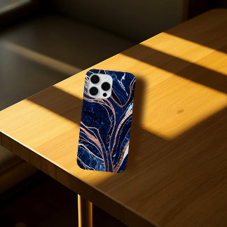 Elegant Navy Blue Rose Gold marble iPhone 15 Pro Max Case